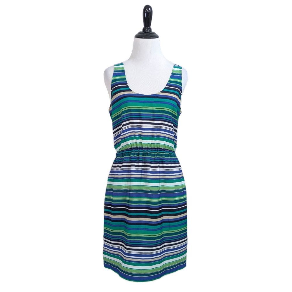 Loft Striped Dress With Stretch Waist - Blue Green Beige White - Size 2 Womens